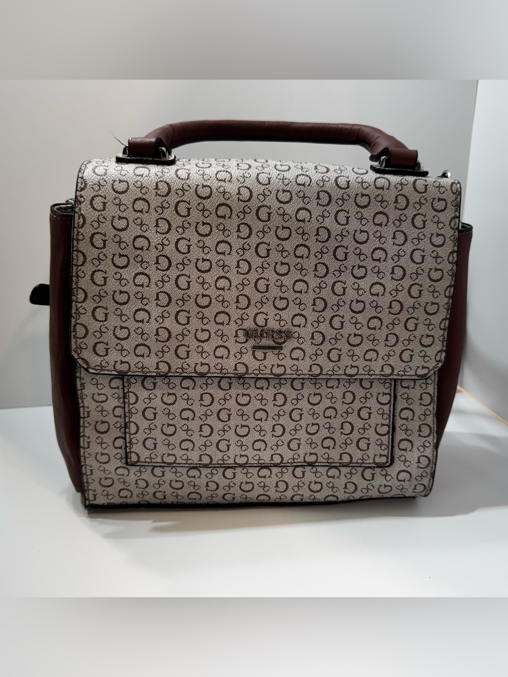 GUESS Monogram Structured Top Handle Satchel Handbag Brown